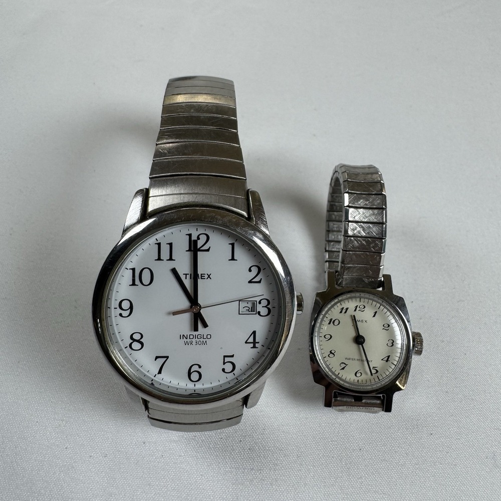 Vintage Timex Men's & Women's Silver Tone Expansion Band Analog Watches Set Of 2